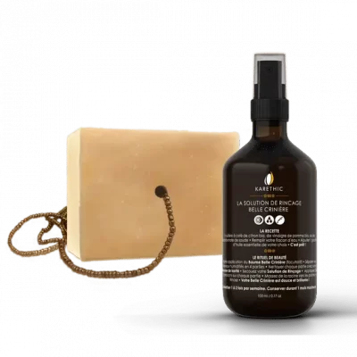 Un savon shampoing solide avec son flacon pour vos recettes DIY et un bijou pour le suspendre pour un séchage rapide