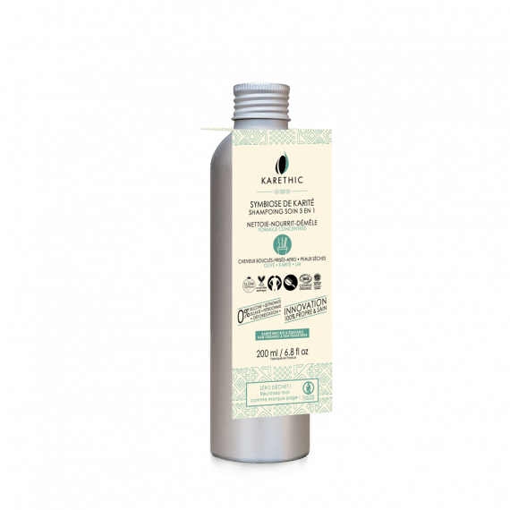 Flacon en aluminium consigné contenant un shampoing soin au karité pour cheveux bouclés